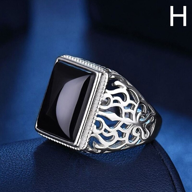 925 Sterling Zilveren Ringen Heren Ringen Vintage Bloem Gegraveerd Zwart Groen Rood Natuurlijke Onyx Stone Vierkante Vorm Punk Turkije Sieraden: H