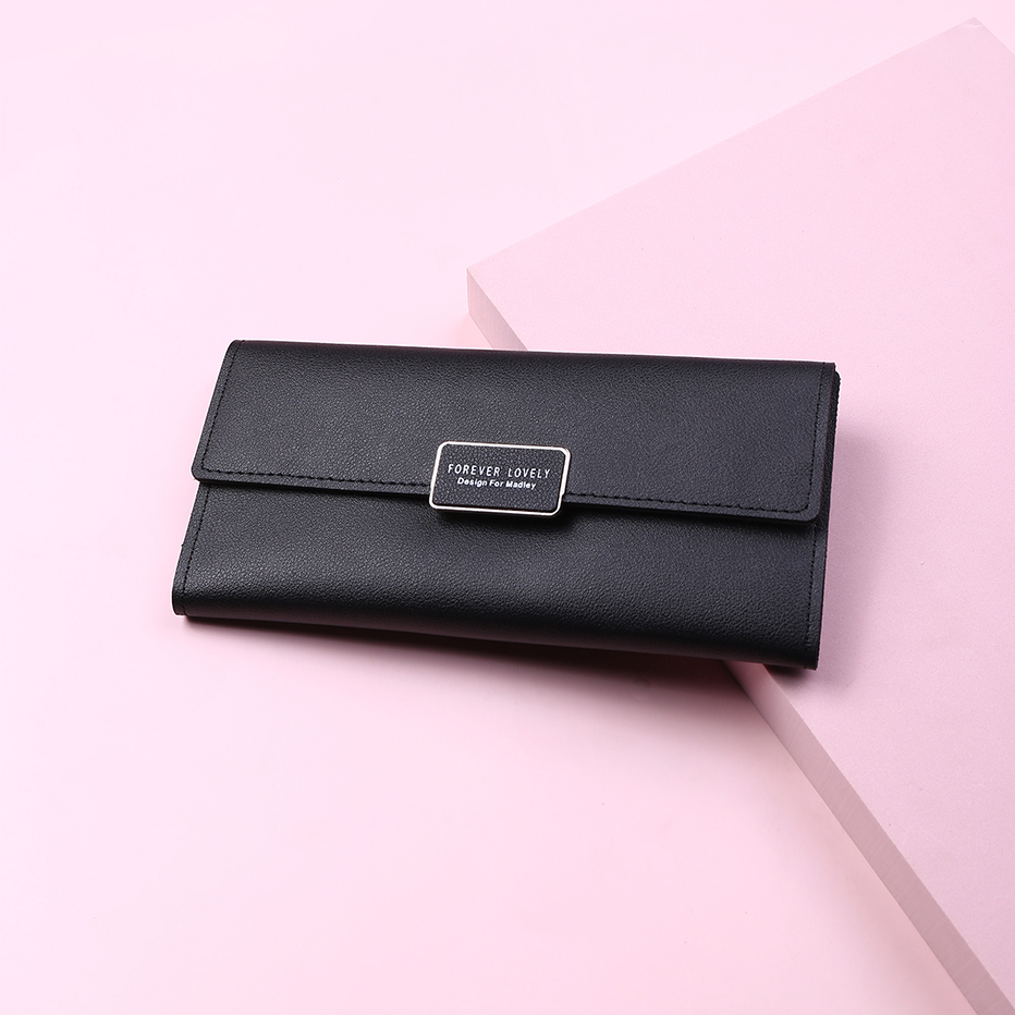 Kvinder tegnebøger læder hasp pung dame lang pung clutch kvinder dame pung telefon lomme cartera mujer: Sort
