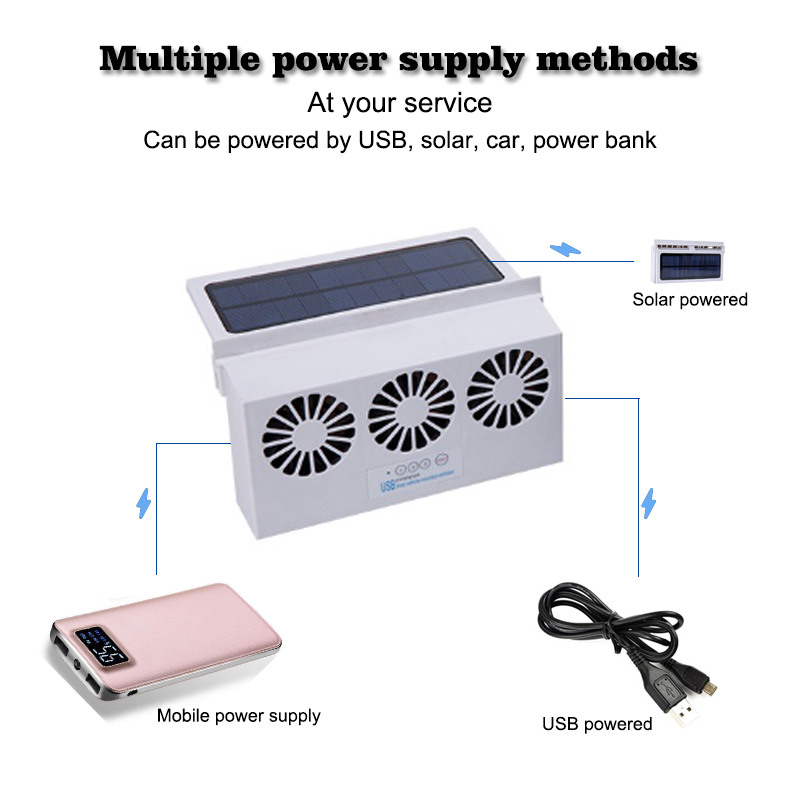 Ventilador solar de tres cabezales para coche, fuente de alimentación móvil, USB, color blanco