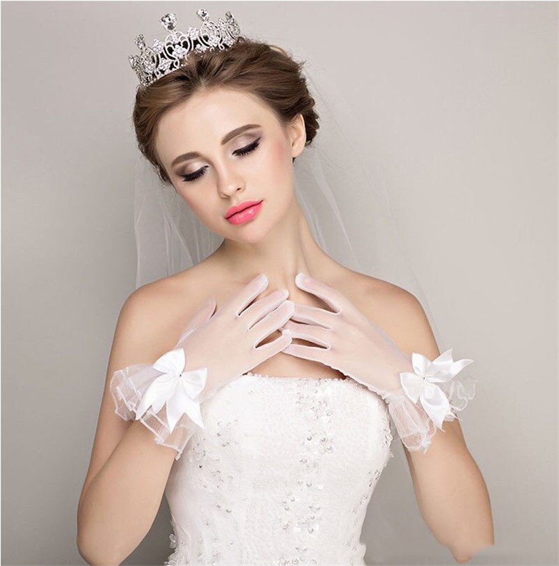 Bruidshandschoenen met strik versierde bruidshandschoenen korte prinsessenhandschoenen dames lange vingers: Wit