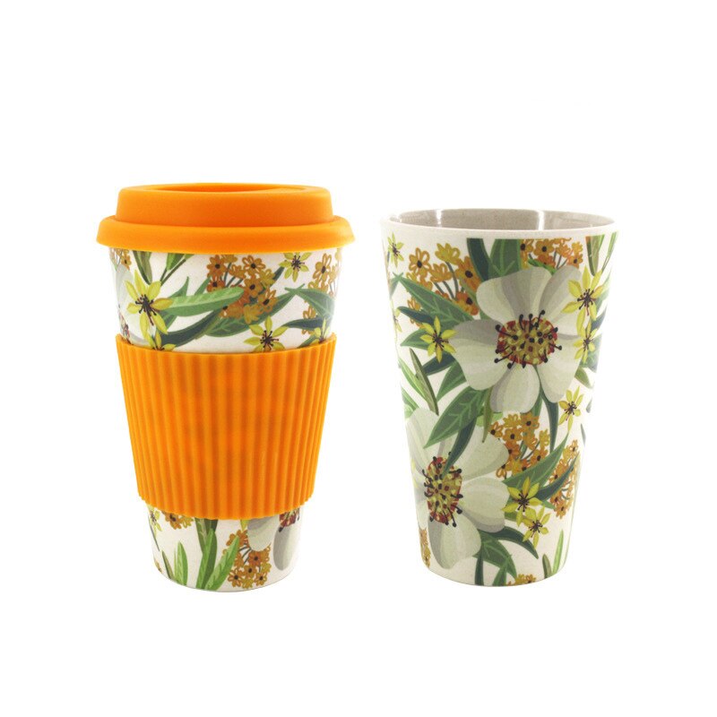 400ml Eco-Friendly Bamboo Fiber coffee mug with chinese painting reusable Anti-scalding Milk tea travel mugs and cups e: Orange