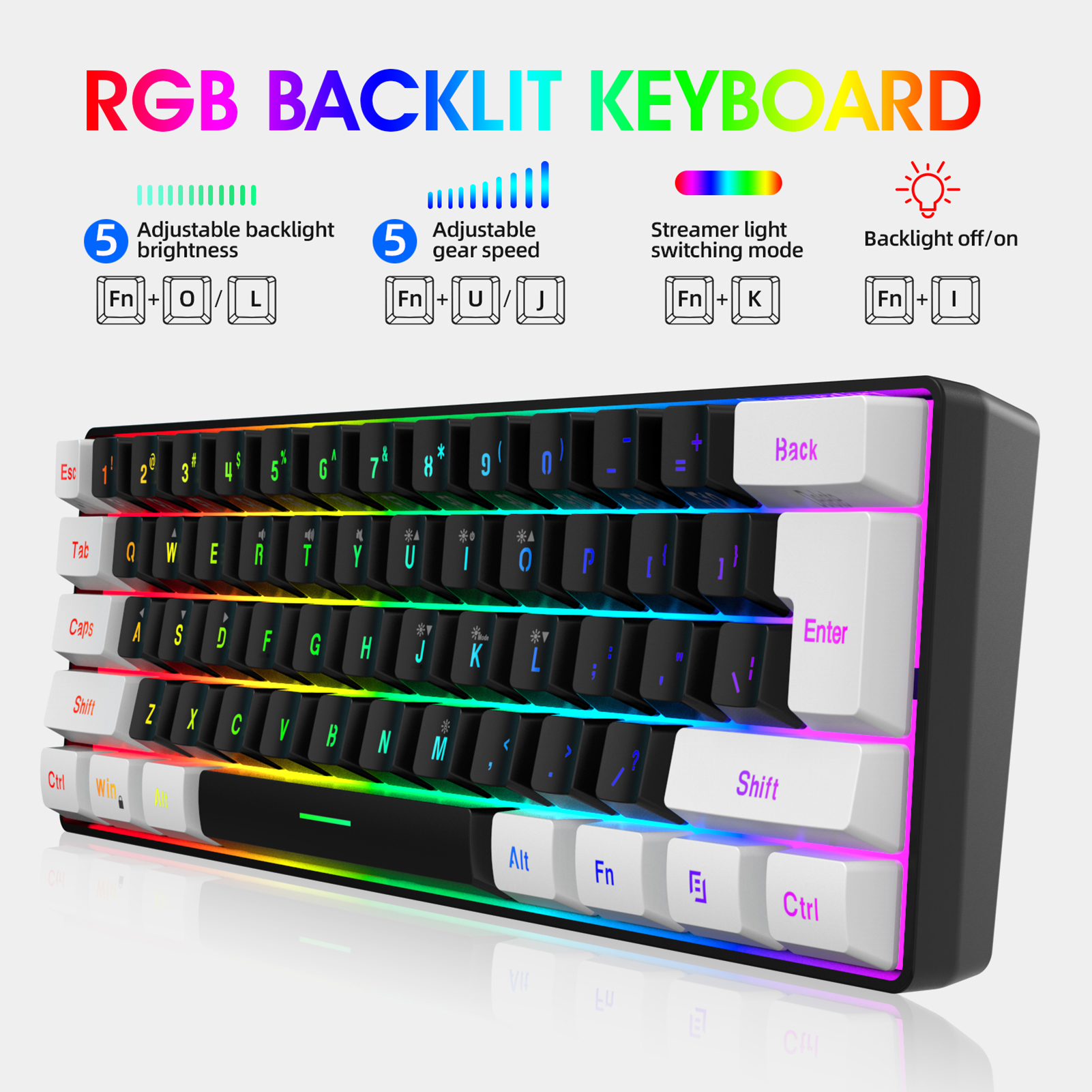 Usb computer keyboard and mouse set, , 61 keys, wired rgb backlighting + wired gaming mouse, colorful led lighting, , 4-- level movement speed