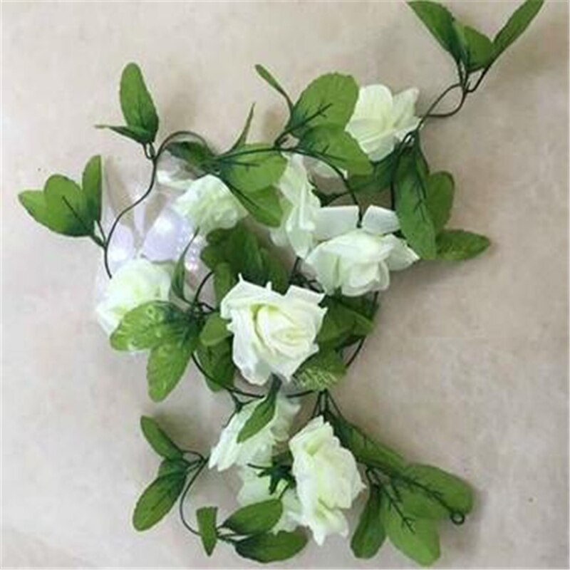 2.4m kunstig blomstringssimulering silke rose blomst vin vedbend hjem bryllup indretning bondehus indretning stof blomst væg bryllup: Hvid