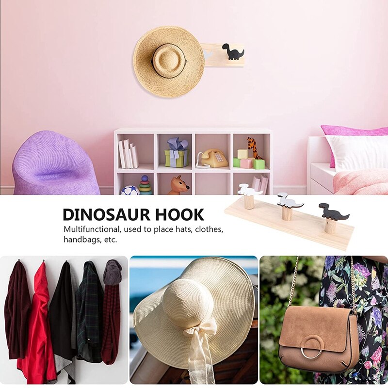 Perchero de madera con de dinosaurio para niños, colgador para colgar en la pared, para abrigos, decoración de dormitorio y sala de juegos, 2 piezas