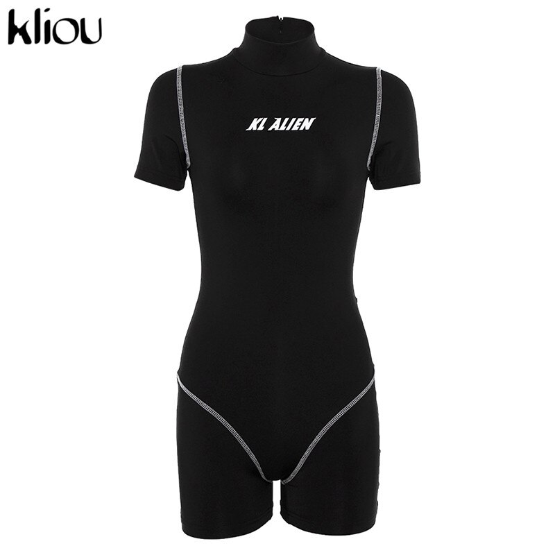 Kliou kvinder skinny bodysuit kortærmet playsuit reflekterende bogstavprint rompers kvindelige rullekrave casual bodysuit: Sort / M