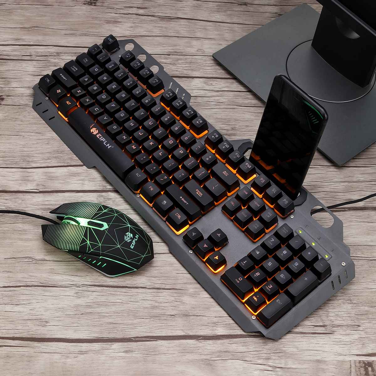 Gaming Keyboard Mouse Set Mechanical Feel With RGB LED Backlight Phone Holder Gamer USB Wired Ergonomic Keyboard Combos: Orange font glowing