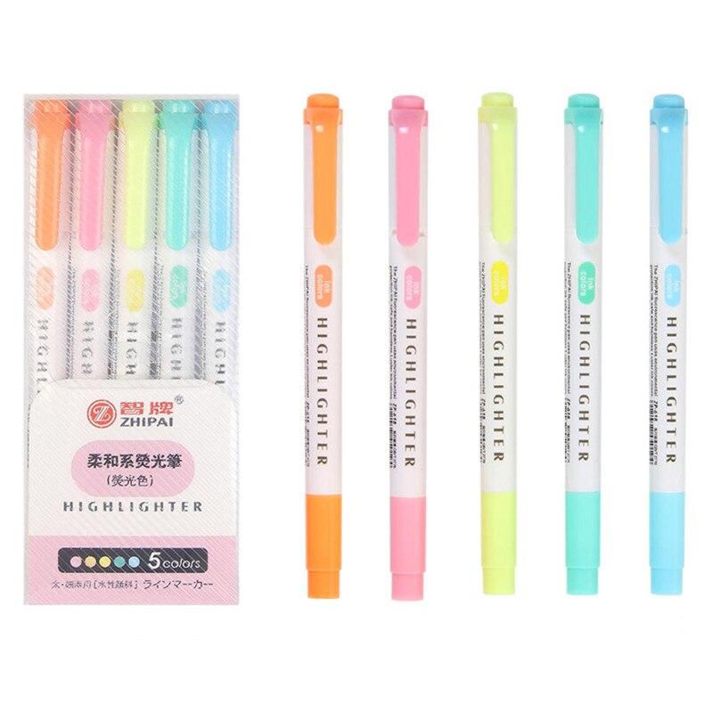 5 Pcs/Set Highlighter Pen School Supplies Dual Head Fluorescent Art Markers Brand Book Reading Mark Pen For Student Stationery: D