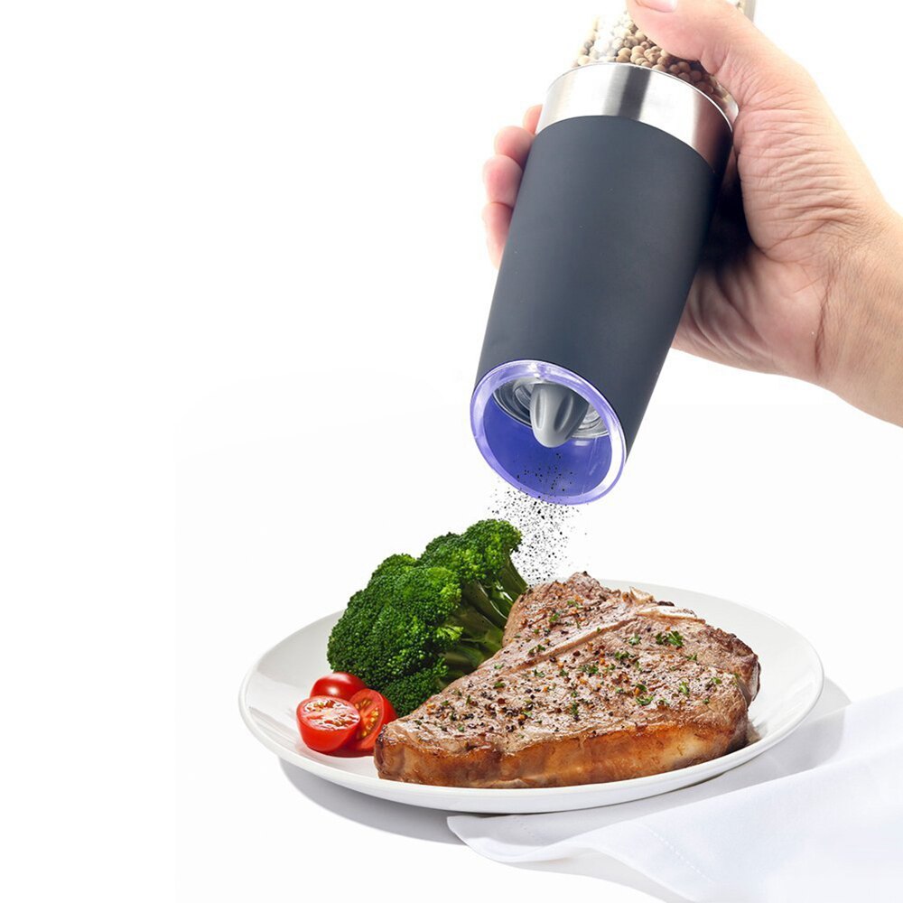 Automatisk elektrisk pepparkvarn led ljus saltpepparmalning flaskfri kökskrydda malningsverktyg automatiska kvarnar