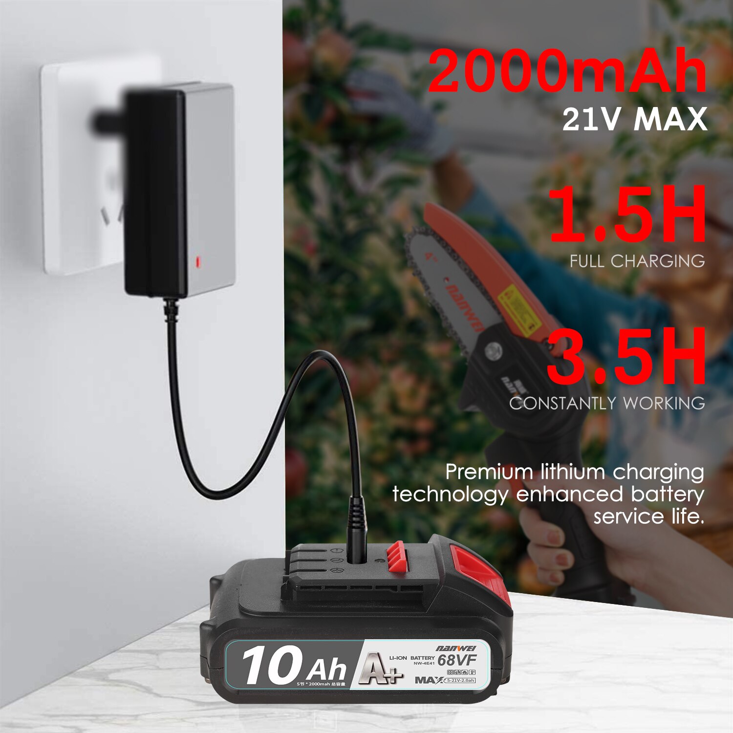 NANWEI-Mini motosierra inalámbrica de 21V, podadora eléctrica de 4 pulgadas con batería de litio recargable, podadora de ramas de árbol