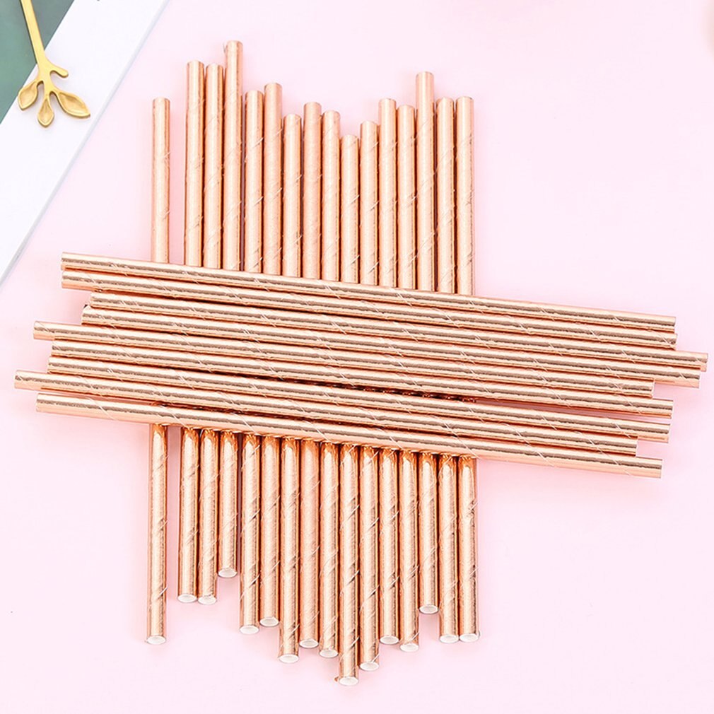 25 Pcs Rose Goud Papier Pipet Folie Streep Paper Rietjes Gold Folie Streep Papier Rietjes Zilver Verijdelde Streep Chevron