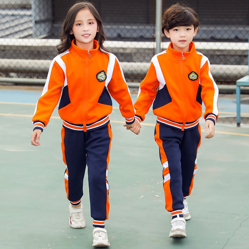 Uniforme Escolar de primaria para otoño e invierno, chaqueta gruesa naranja, pantalones azul marino, ropa deportiva para niños, traje para estudiantes de guardería
