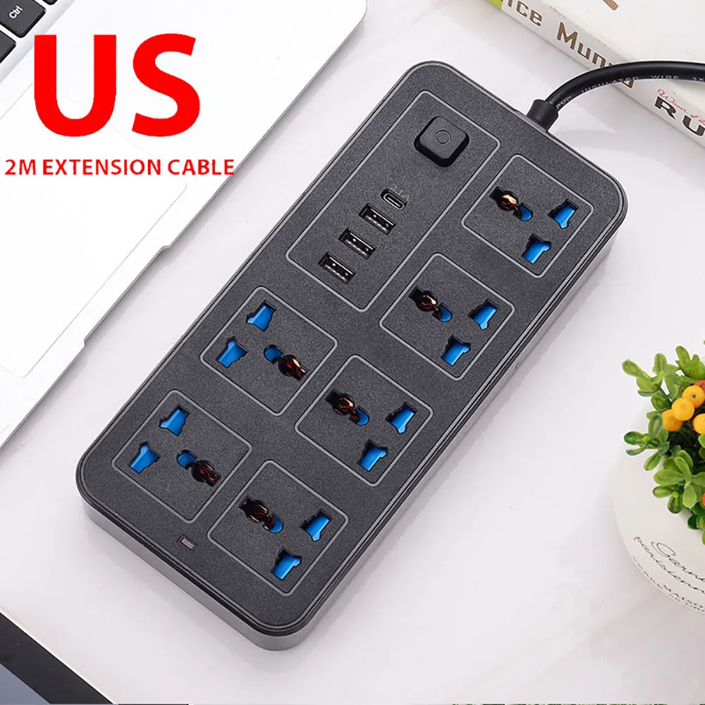 Strømuttak med flere tilkoblinger universalplugg eu usa uk stikkontakt strømskinne ac type c usb-port lade stikkontakt med 1.8m skjøteledninger: Himmelblå