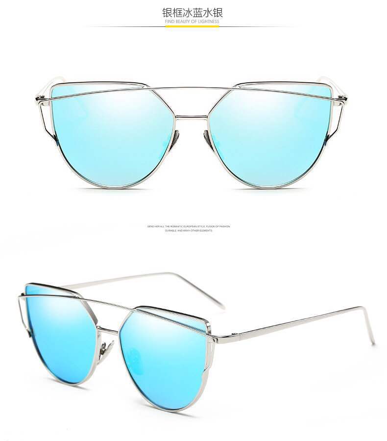 Metal Cat-Eye Sunglasses, Ladies Colorful Sunglasses: Silver Blue