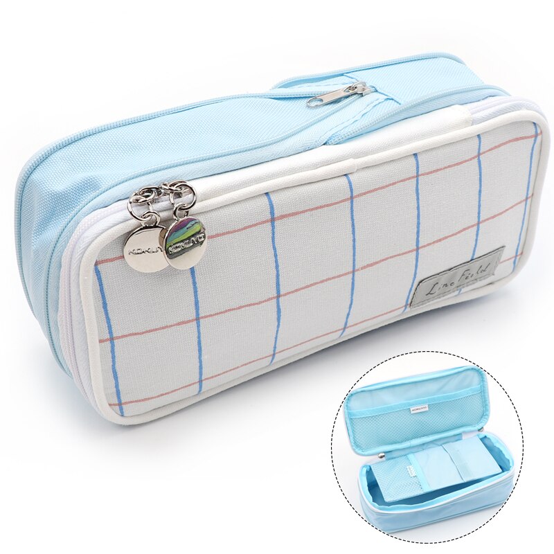 KOKUYO Macaron Pencil Case Stretch Zipper Large Capacity Pencilcase Cute Pencil Box Kawaii Kid School Pen Case Estuche Escolar: blue grid