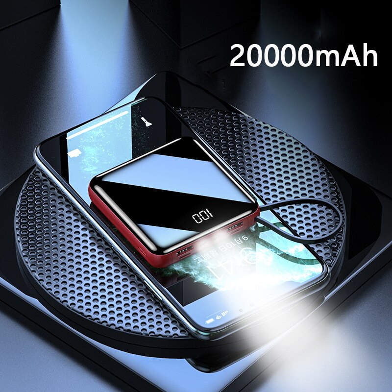 20000mAh Power Bank Built in Cable For Xiaomi Samsung with Digital Display Powerbank Mini Mirror Screen Poverbank For Smartphone