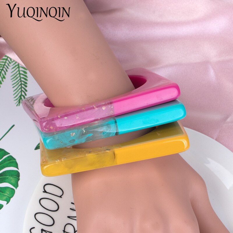 Pulseira vintage de resina, bracelete quadrado para mulheres, joias da moda, acrílico, geométrica, grande, para festa, pulseira para meninas