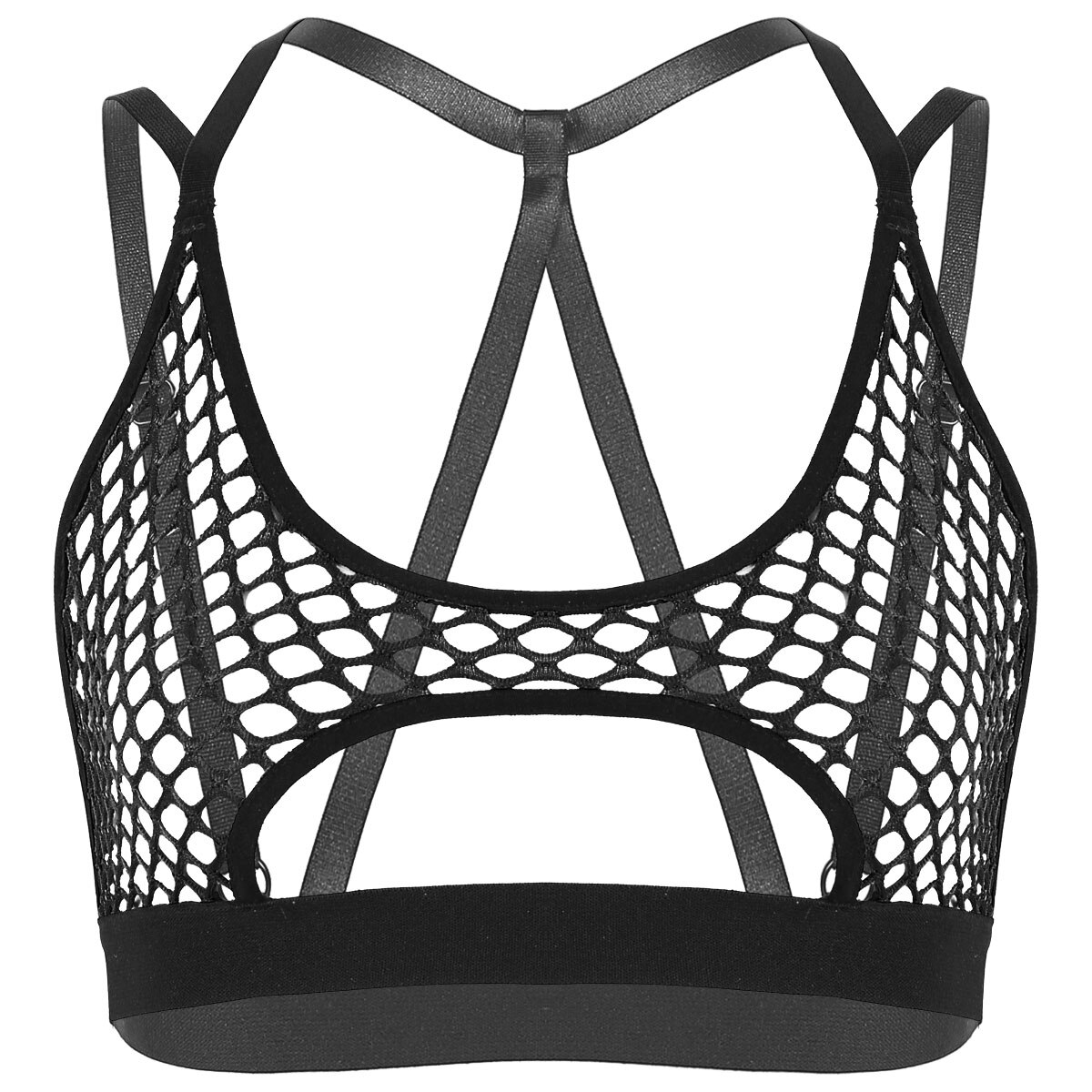 Femmes Streetwear haut court Sexy Rave voir à travers pure résille gilet Clubwear évider entrecroisé sous-boob Camisole haut: Black / XL