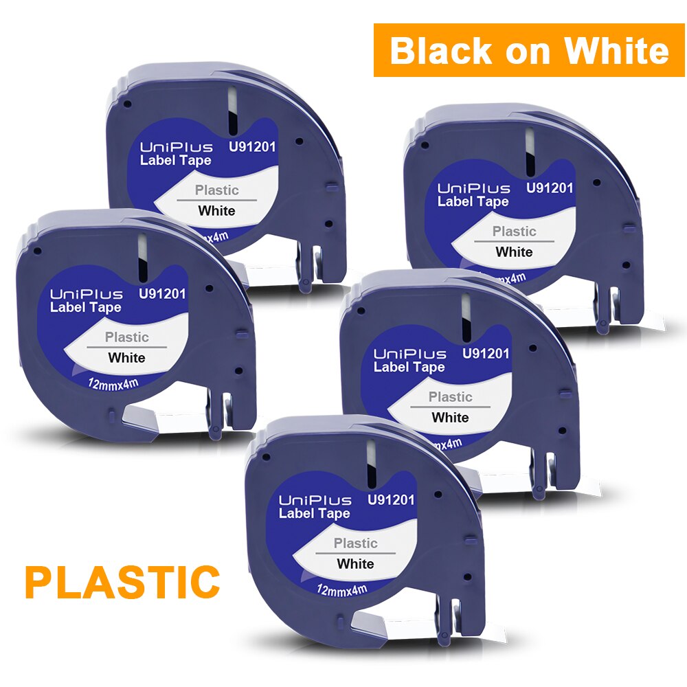 Uniplus 5PK 91201 91202 91203 91204 91205 Compatibel Dymo Lt Label Tapes 12Mm Mix Kleur Set Voor Letratag Label maker LT-100H Xr: 91201 Black on White