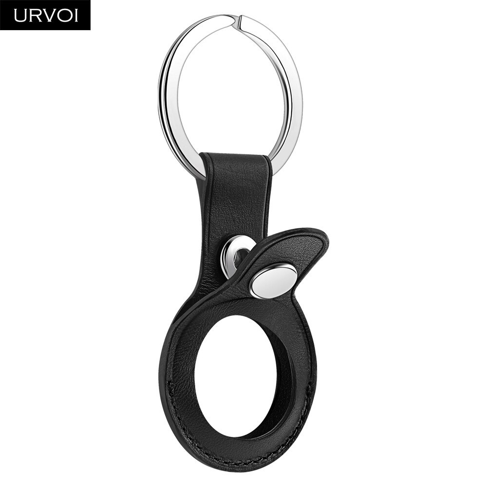 URVOI Leather Key Ring for AirTag Protective Cover Secure Holder with ring Location Tracker Silicone Case With stainless steel: Black