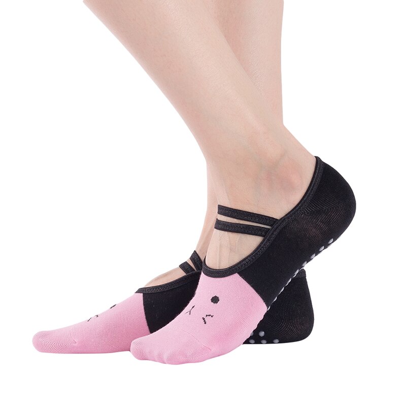 Bandage yoga sokker til kvinder skridsikre gulvsokker hurtigtørre backless pilates ballet sokker kat print sportsbeklædning tilbehør: Lyserød