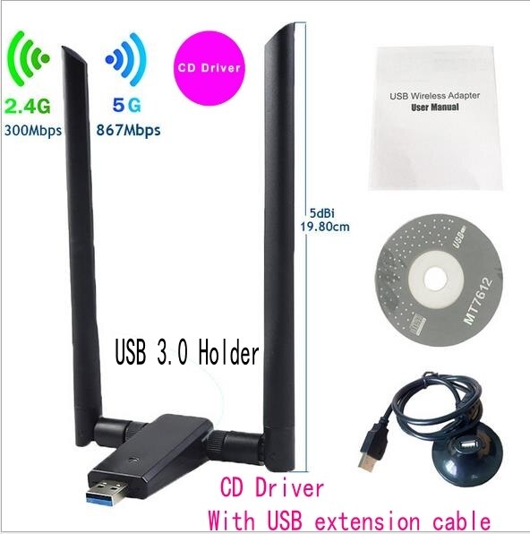 Scheda di rete Wifi AC1200Mbps USB3.0 adattatore per Antenna WiFi Wireless MT7612U IEEE 802.11AC trasmettitore ricevitore Dongle Wifi: CD Driver  USB3.0