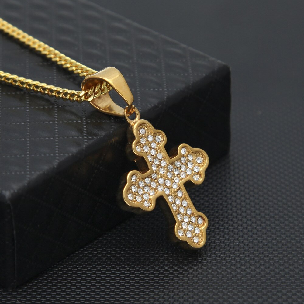 Hip Hop Stainless Steel Auspicious Cloud Corner Cross High Grade Ice Out Rhinestone Necklace Men Jewelry