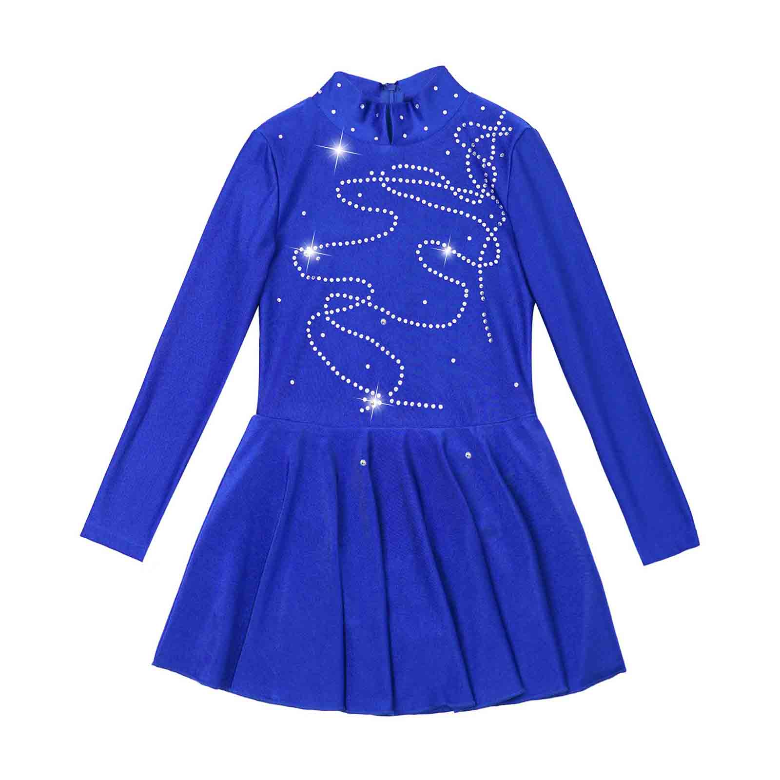 Girls Shiny Figure Ice Skating Dress Sparkling Rhinestone Long Sleeve Dress Ballroom Dance Wear Ice Skating Competition Costume