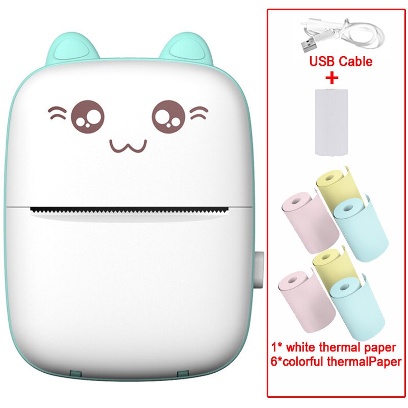 Portable MINI CAT Printer Thermal Print Photo Pocket Thermal Label Printer 58mm Printing Wireless Bluetooth Android IOS Printers: Blueadd6colorful