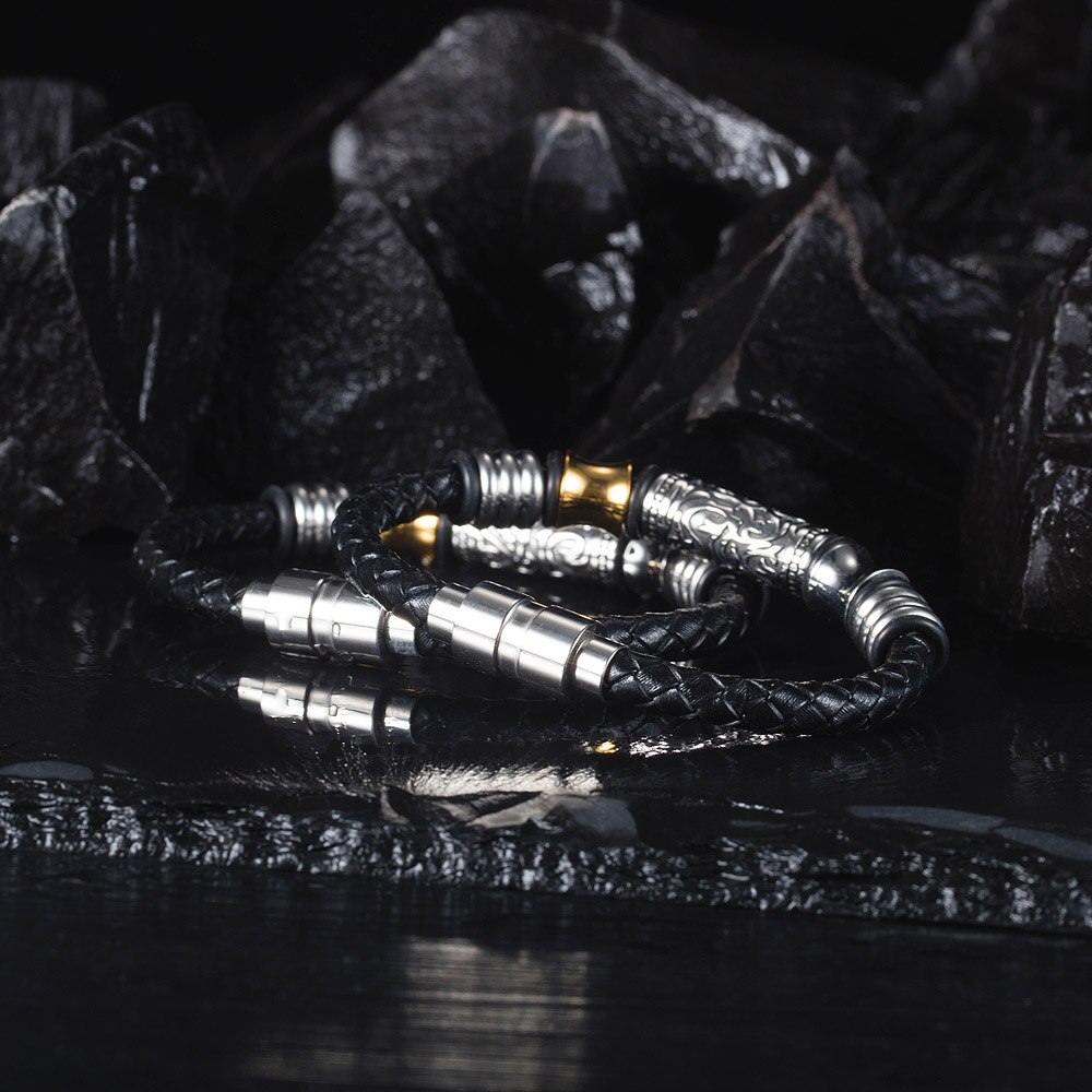 JIALY European Men Punk in pelle intrecciata nera retrò Totem Charm bracciale bottone in acciaio inossidabile gioielli da polso B0202