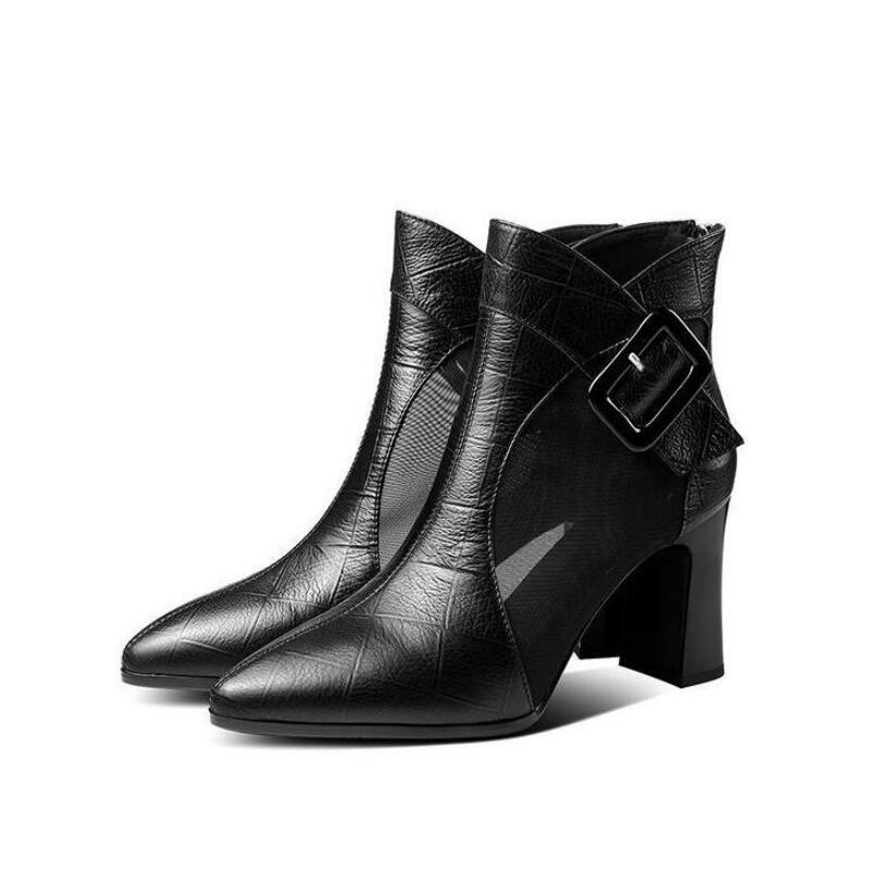 Soft Leather Mesh Sandals Boots Women's High Heeeld Summer Boot Pointed toe Woman Buckle Shoes Thick heel Back Zip Black