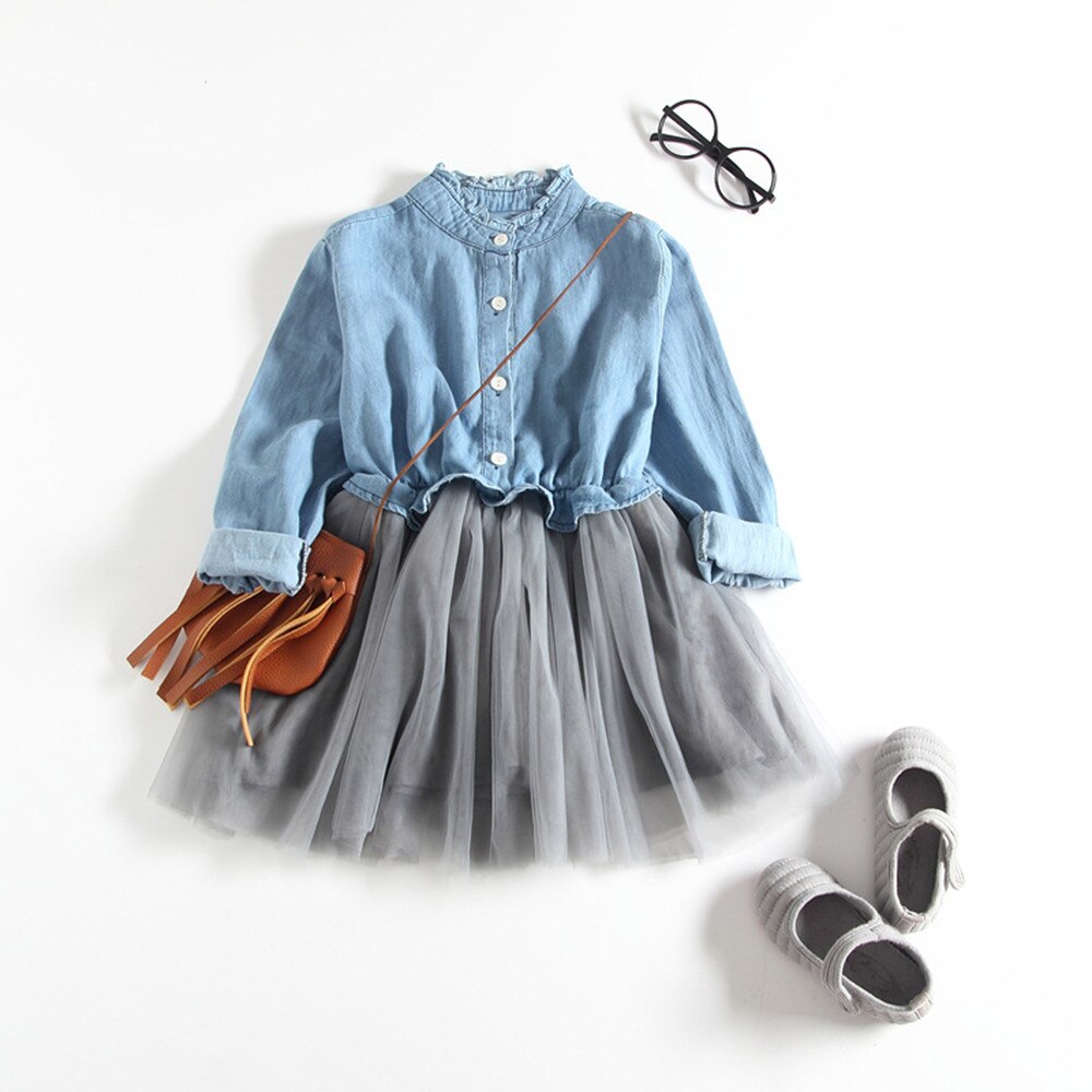 2019 Bambini vestiti per le ragazze Del Bambino Del Bambino Del Denim Delle Ragazze Del Vestito Principessa A Maniche Lunghe Vestito Dal Tutu Abiti Da Cowboy vestido infantil: 110 Light Blue