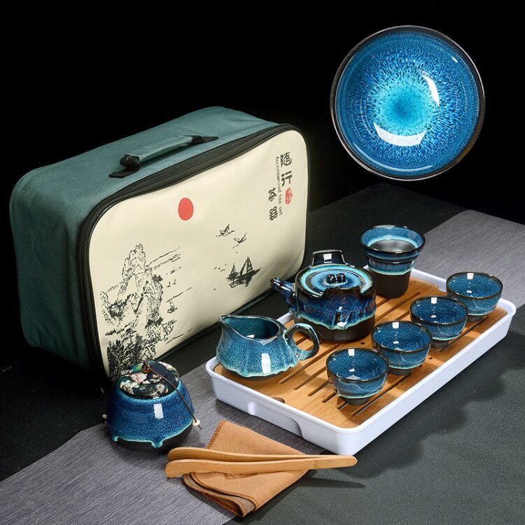 Kinesisk te sett blå rav glasur keramisk jingdezhen temmoku glasur utsøkt sett kung fu te kopp bærbar tekanne gaiwan te kopper: Stil c