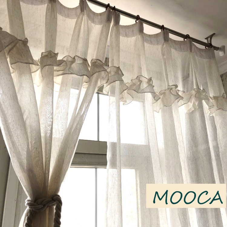 White Color with Ruffled Trim Living Room Curtain Cute for Kids Bedroon