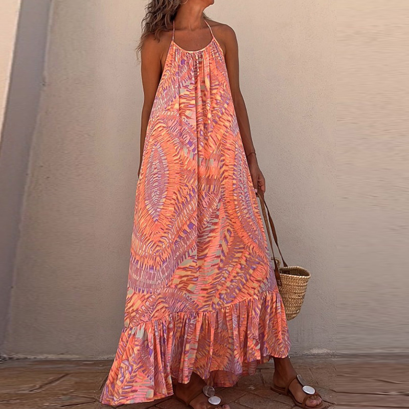 Kvinders løs off-shoulder boheme maxikjole festklub femme halterneck chic rygløs kjole strandstil løse print kjoler vestido: S / Beige