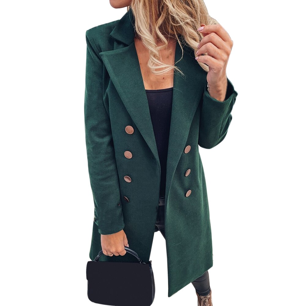 Abrigo de mezcla Kakhi de doble botonadura de largo medio Color sólido abrigo de lana Otoño Invierno mujer Vintage chaqueta Tops: green / M