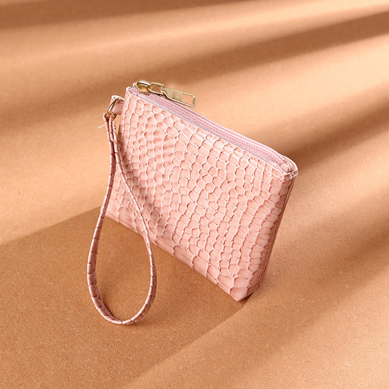 Kleine geldbörse mit krokodilmuster, portemonnaie aus kunstleder mit reißverschluss, schlichte mehrfachgeldbörse mit Armbinde: Rosa