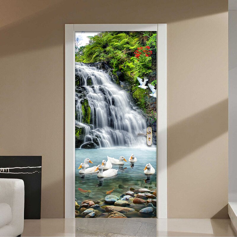 3D Waterfall Landscape Door Sticker Living Room Bedroom Home Decor Wallpaper PVC Self-Adhesive Waterproof Door Decal 3 D Murals