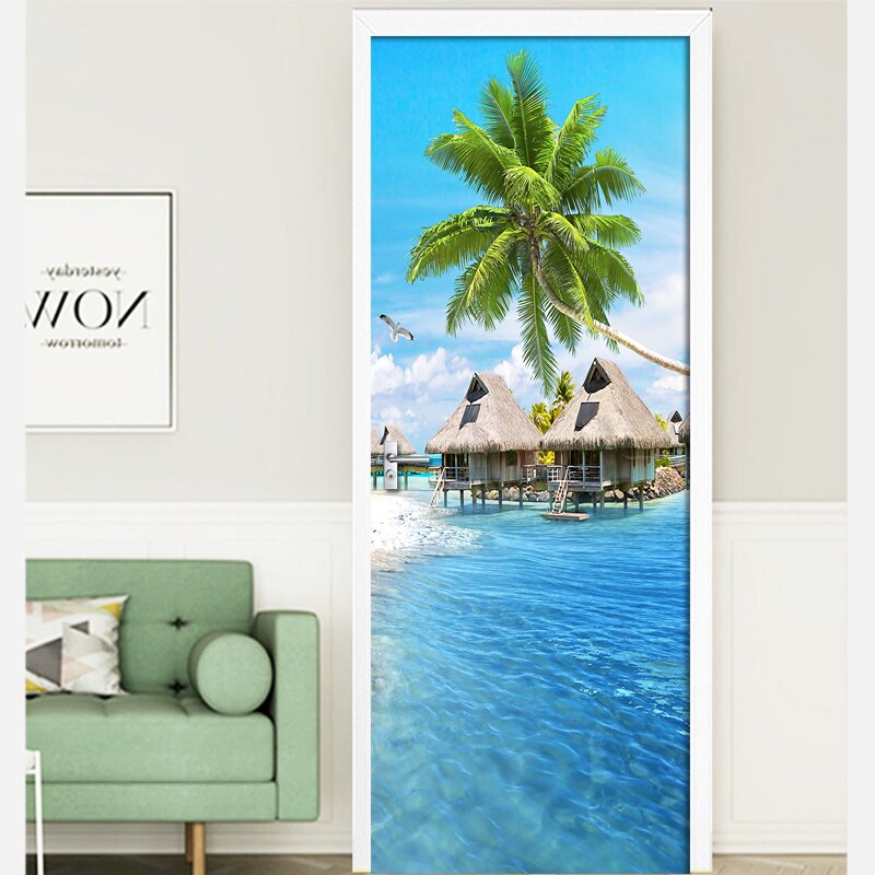 3D Door Decoration Wallpaper Modern Seascape Door Sticker Self-adhesive Waterproof Poster Home Door Mural Decal Wall Sticker