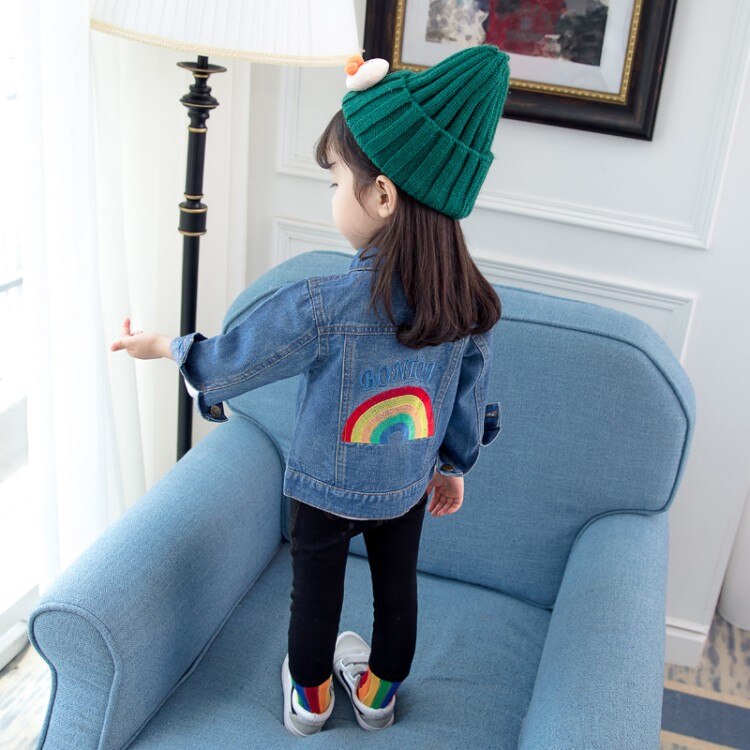 Del bambino del Denim Delle Ragazze Tute E Salopette Autunno Bambini Jean Giubbotti Arcobaleno Stampa Vestiti Per Ragazze Casual Bambini Torna A Scuola Outfit 2 4 6 7 8