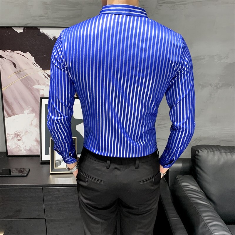 Efterår lange ærmer stribede skjorter til mænd koreansk slim fit afslappet bluse homme formelt slid herrer smoking kjole