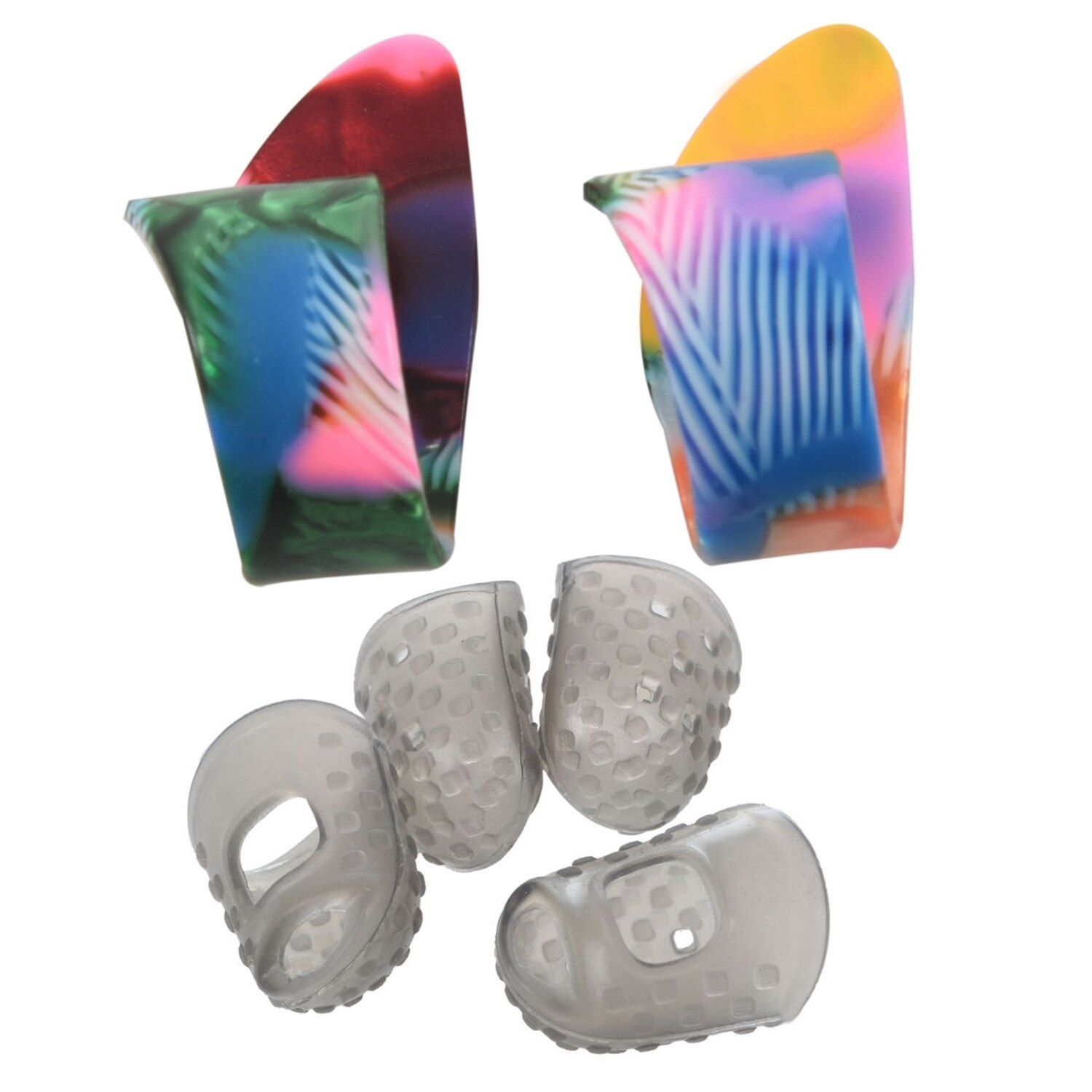 2 stuks vinger-duim plectrums in verschillende kleuren & 4 stuks siliconen gitaar duim vinger plectrum beschermer (grijs m)