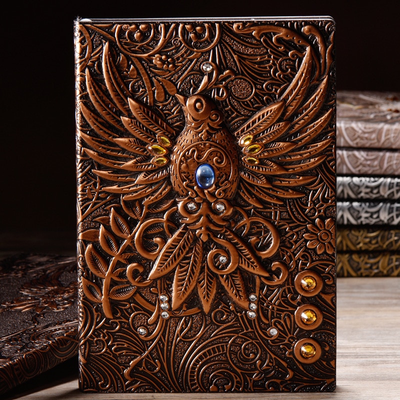 Retro Vintage PU Planner 3D Birds Thick Diary Collection Old Craft Ruled Paper: red bronze