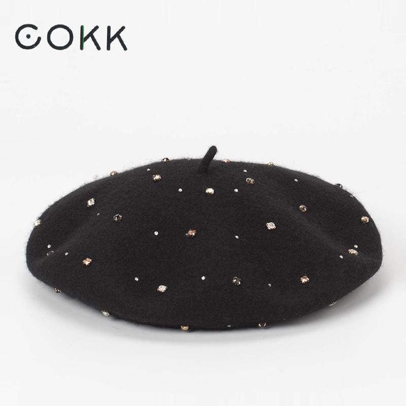 Cokk hand sy ull basker kvinnor hatt höst vinter strass basker mössa hatt kvinnlig koreansk målare mössa boina gorras vintage