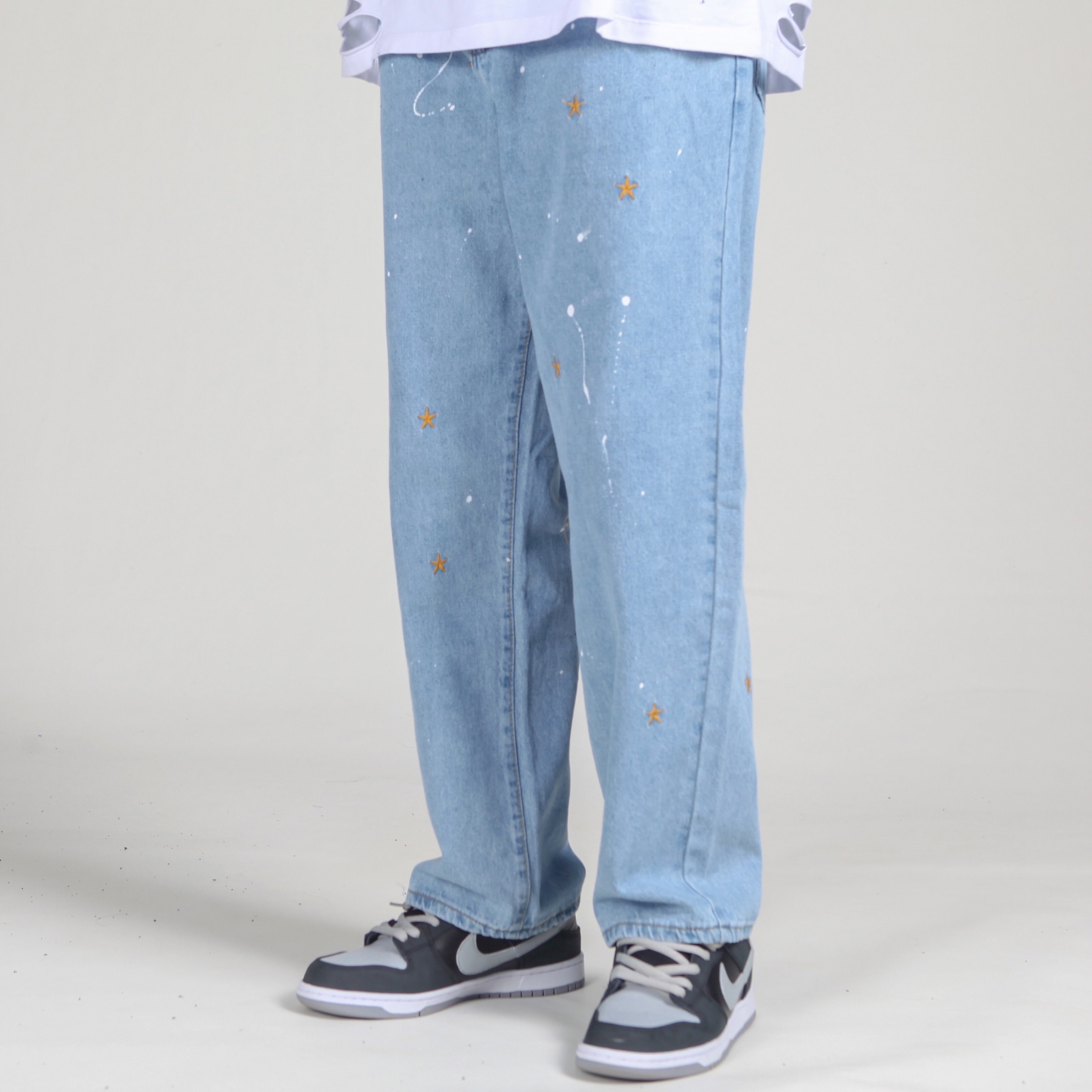 Iefb / herrkläder street splash-ink broderade lösa jeans trendiga raka vintage pappa byxor män hip hop jeansbyxor 9 y 4180