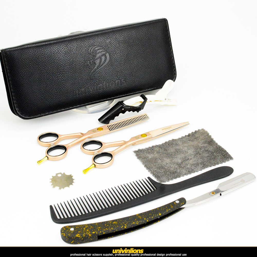 Univinlions 5.5 " rosa gyllene hår sax frisör japansk hår klippsax barberare rakkniv sax rosa: Set fodral och rakhyvel