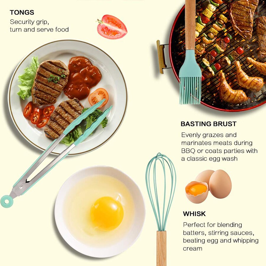 Silicone Cooking Utensils Kitchen Utensils, Acacia Wooden Cooking Tool for Nonstick Cookware - Best Kitchen Gadgets