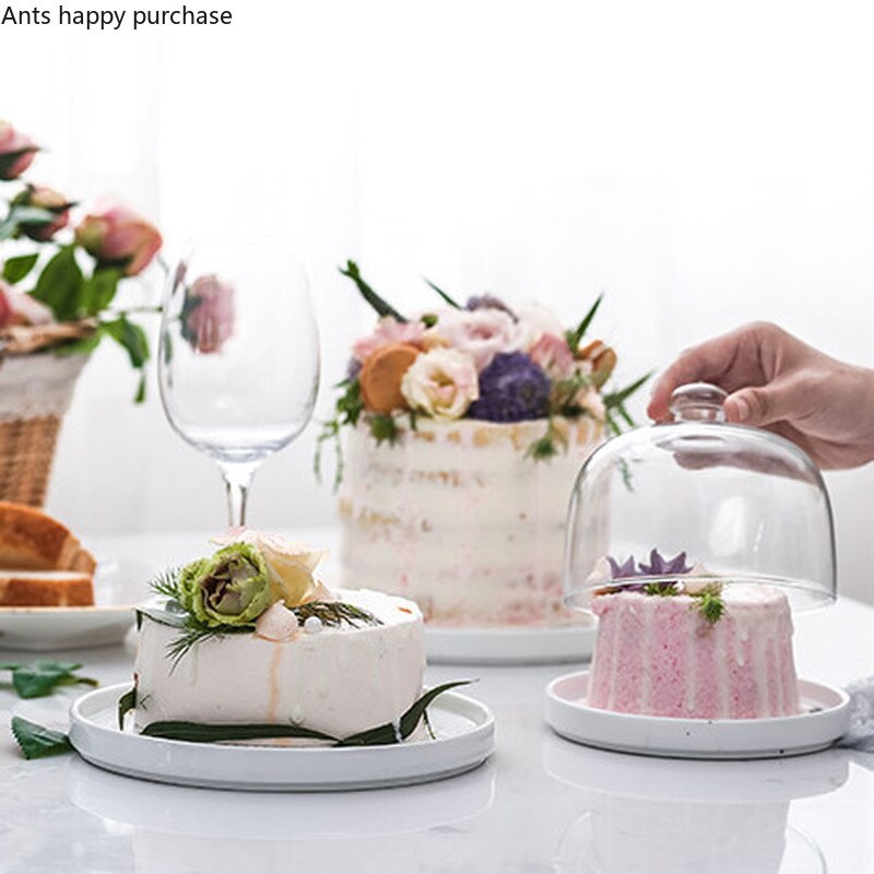 Ceramics Round Cake Pan Glass Cover Dessert Snack Tray Fruit Dessert Display Tray Photo Props Try Eating Cake Stand with Lid