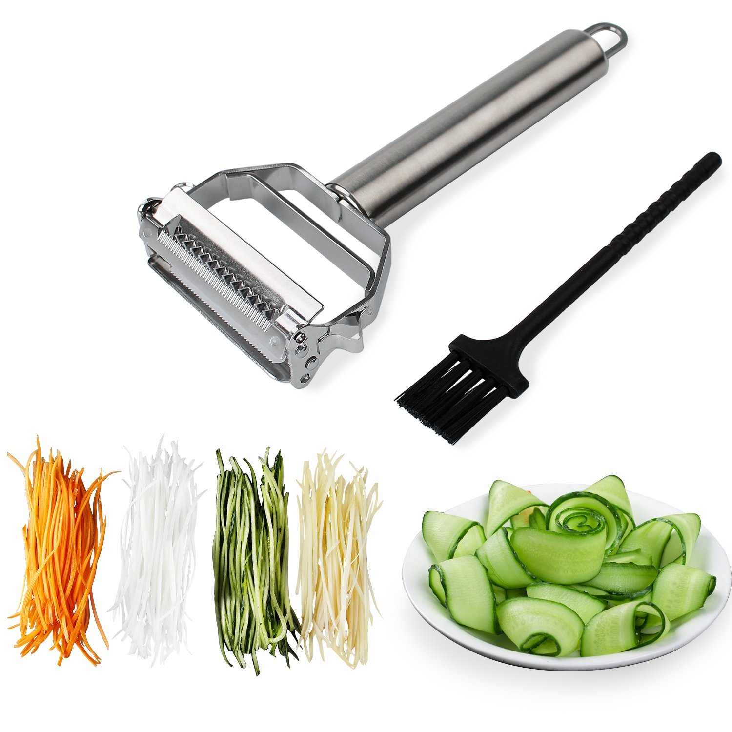 Pelador de frutas TEENRA, 1 Uds., de acero inoxidable, corte en juliana, pelador de verduras, pelador de patatas, rebanador de frutas, melón, zanahoria, rallador, cortador de 3 espadas: Default Title