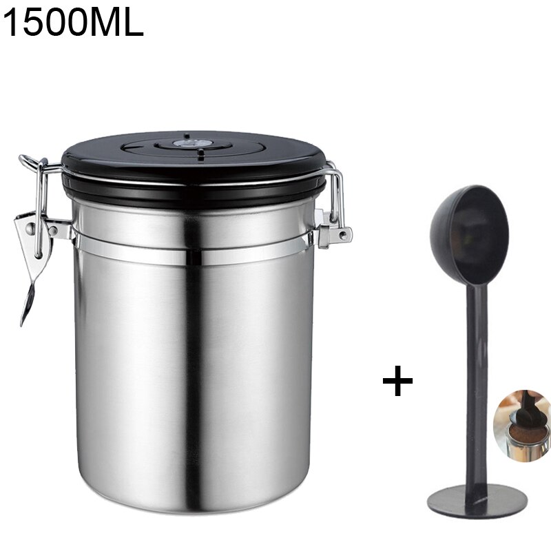Stainless Steel Airtight Coffee Jar Canister 700ml/1400ml Coffee Beans Tea Coffee Container Storage Canister Set With Spoon: Silver 1500ml