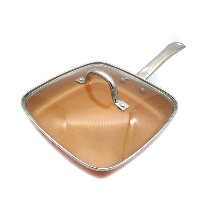 WCIC 10 Inch Safe Glass Lid Copper Pans Deep Square Induction Fry Pan Dishwasher Safe Oven Nonstick Copper Frying Pan: Default Title
